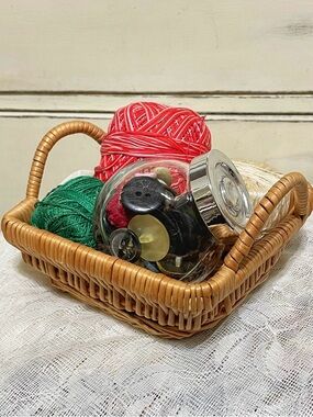 Handmade mini Basket with Red, Green & Cream crochet yarn.